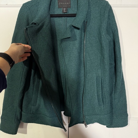 Tahari Moto Sweater Jacket Boiled Wool Green Size Large Textured Pockets - Picture 10 of 11